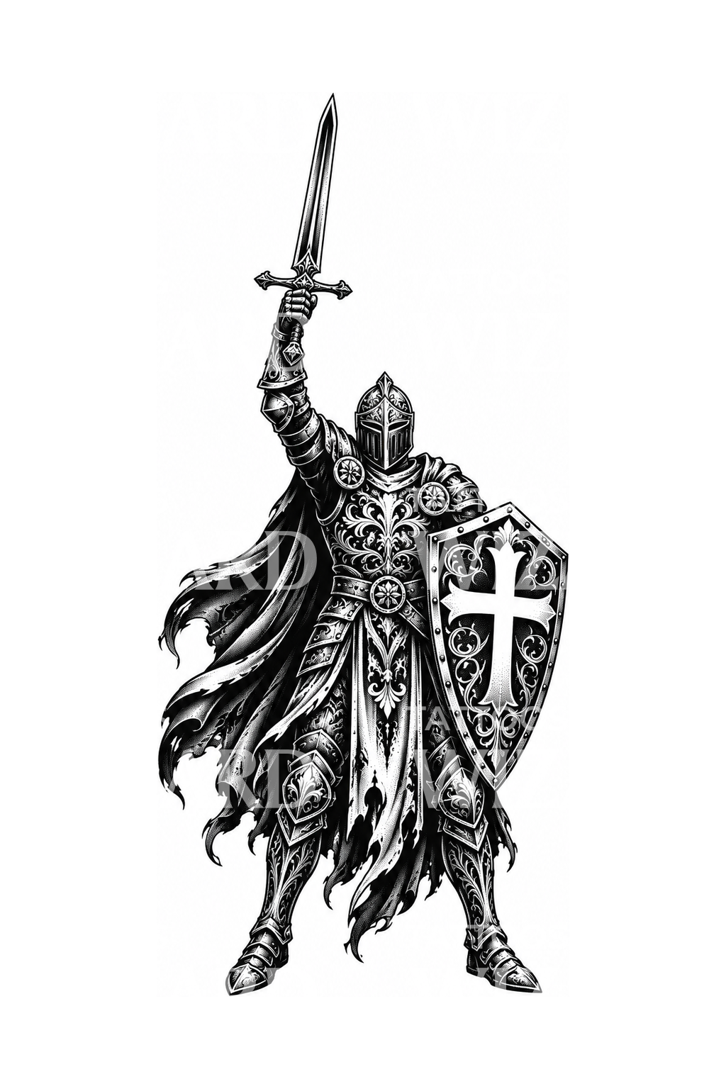 Holy Knight with Raised Sword Tattoo Design
