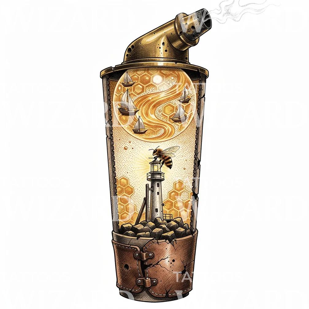 Honey Lighthouse Vessel Tattoo Design