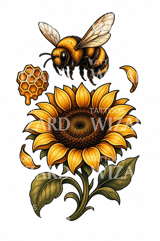Honeybee and Sunflower Tattoo Design