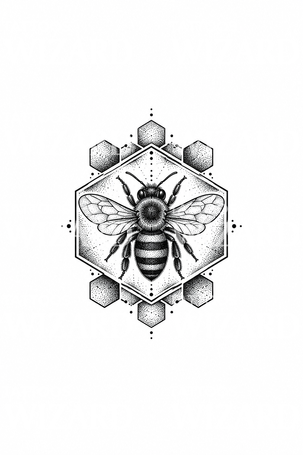 Mehiläinen kuusikulmaisessa kennokehyksessä, dotwork-tatuointi