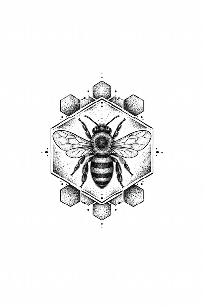 Mehiläinen kuusikulmaisessa kennokehyksessä, dotwork-tatuointi