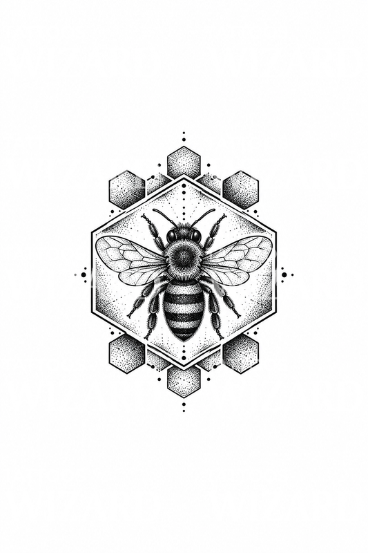 Honigbiene im sechseckigen Wabenrahmen, Dotwork-Tattoo