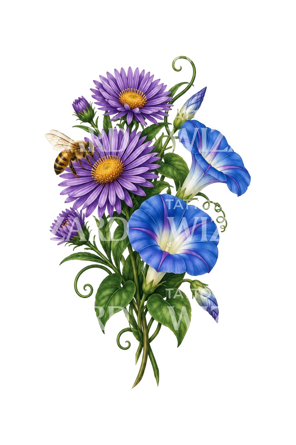 Tattoo-Design mit Honigbiene auf herbstlichen Geburtsblumen