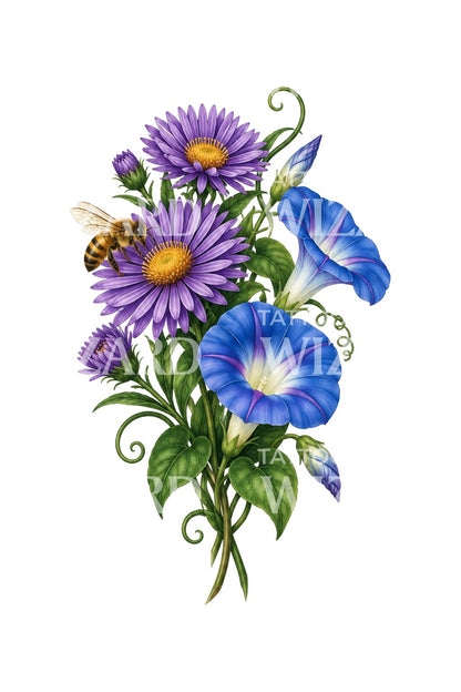 Tattoo-Design mit Honigbiene auf herbstlichen Geburtsblumen