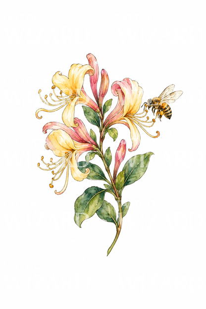 Honeysuckle and Bee Watercolor Tattoo Design