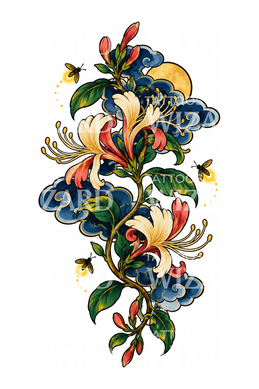 Tatuagem japonesa de madressilva e pirilampos