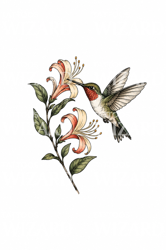 Honeysuckle and Hummingbird Sketch Tattoo