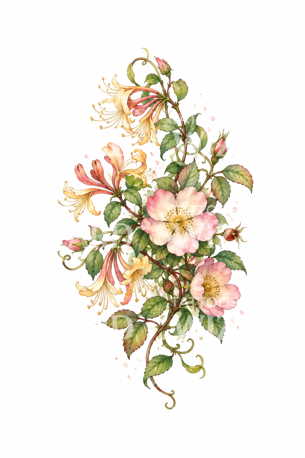 Aquarell-Tattoo mit Geißblatt und wilden Rosen