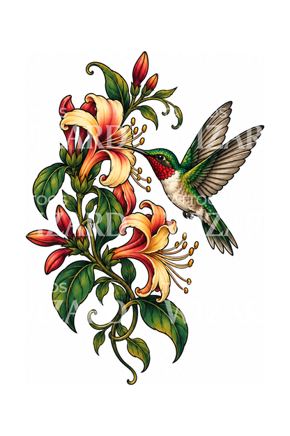 Tatuaggio fiori di caprifoglio con colibrì gola rubino