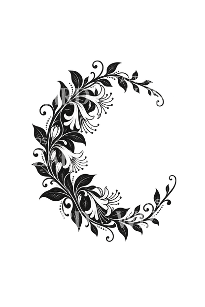 Honeysuckle Crescent Moon Blackwork Tattoo Design