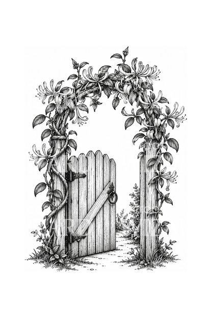 Honeysuckle Garden Gate Sketch Tattoo