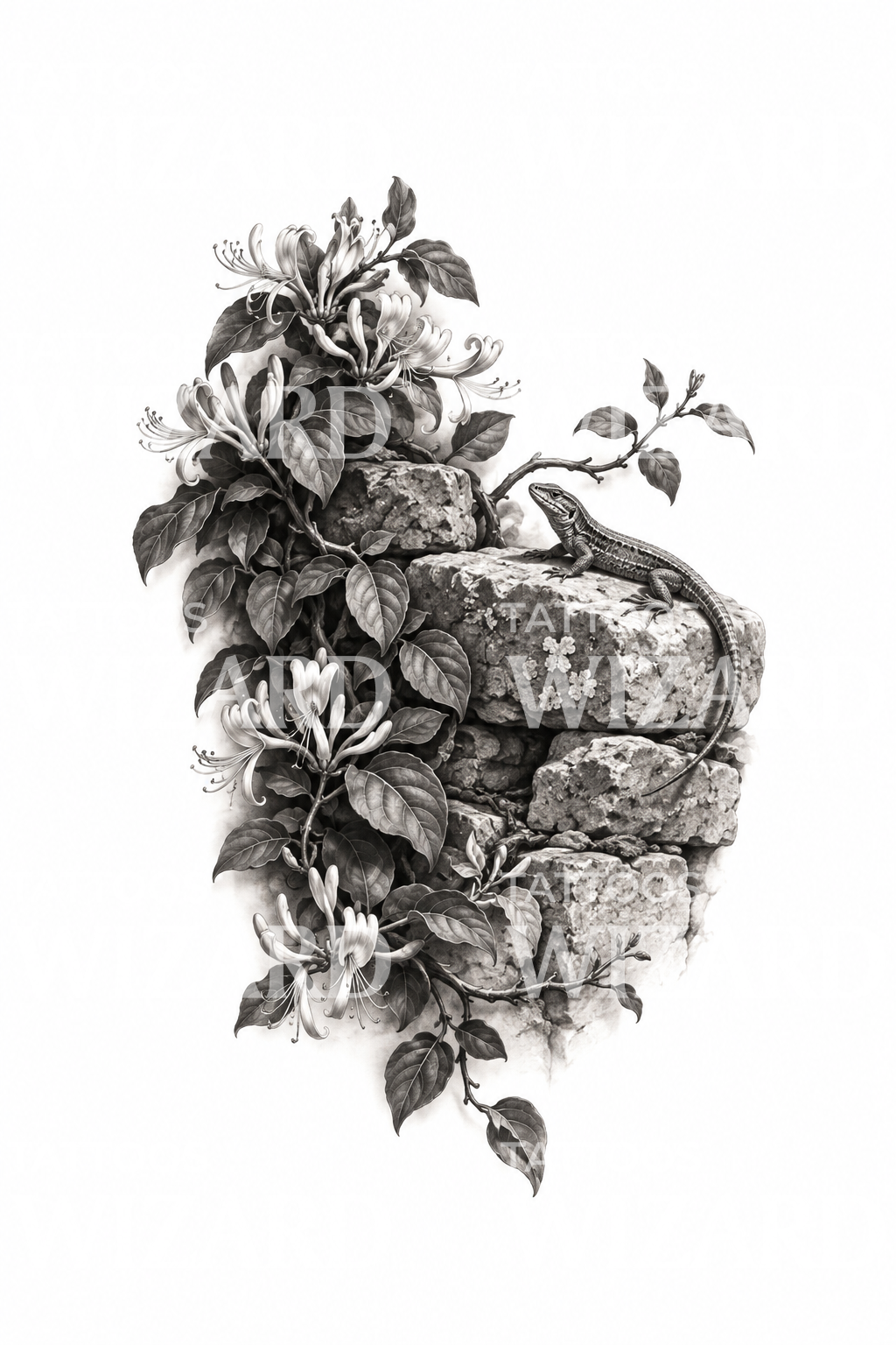 Honeysuckle on Stone Wall with Lizard Black and Grey Tattoo