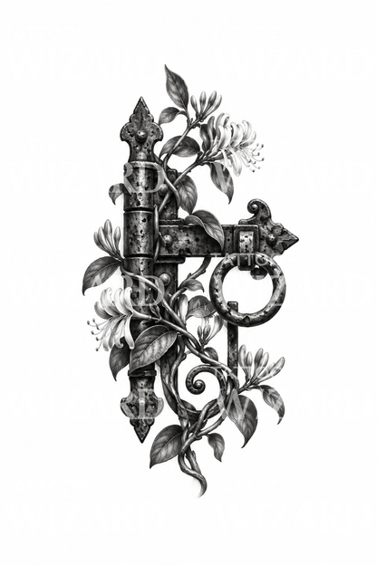 Geißblatt an einem schmiedeeisernen Tor, Black-and-Grey-Tattoo