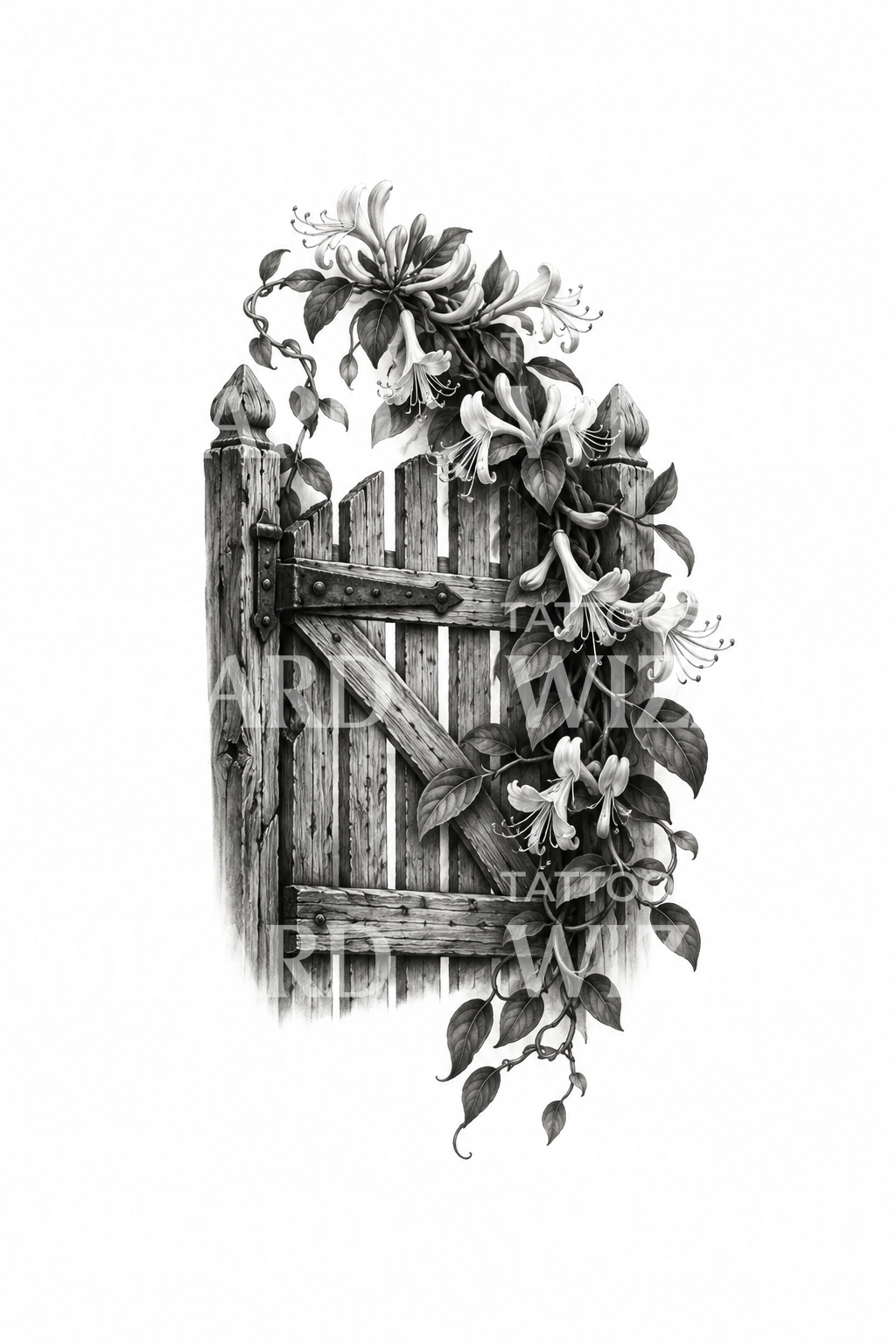Honeysuckle over Garden Gate Black and Grey Tattoo
