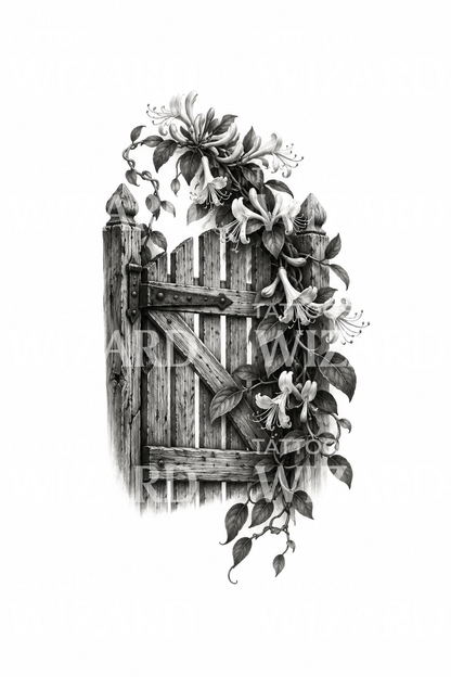 Honeysuckle over Garden Gate Black and Grey Tattoo