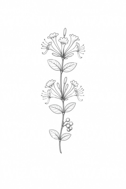 Ilustração de tatuagem de linha fina com trepadeira de madressilva