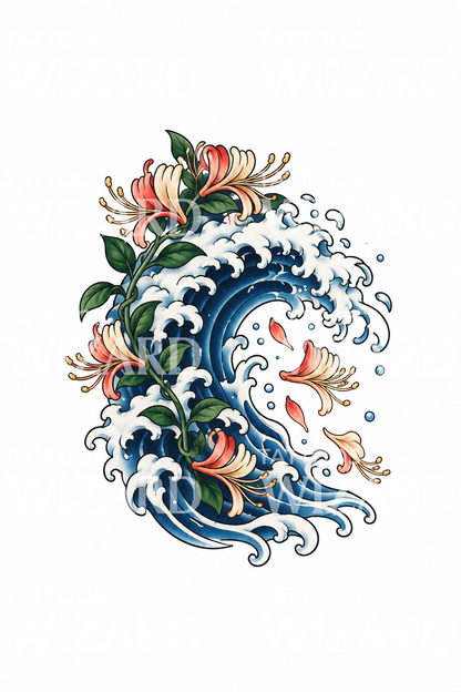 Tatuaggio di caprifoglio su una cresta d’onda giapponese