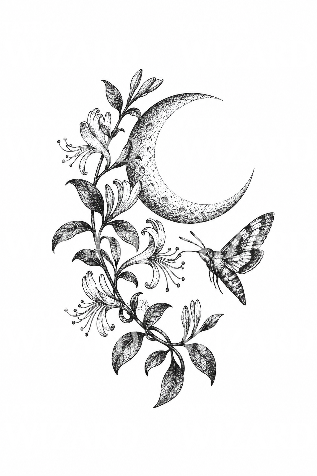 Dotwork tetování zimolezové liány s půlměsícem a můrou