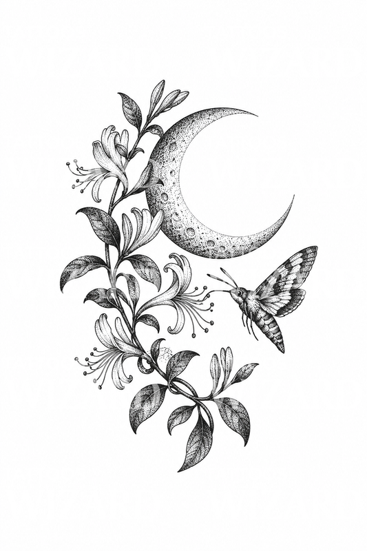 Dotwork-tatuering med kaprifolrank, månskära och nattfjäril