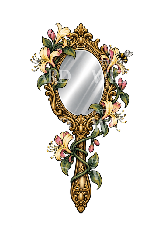 Tattoo-ontwerp van kamperfoelie rond een antieke spiegel