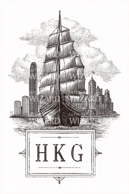 Hong Kong HKG Tall Ship Tattoo Illustration