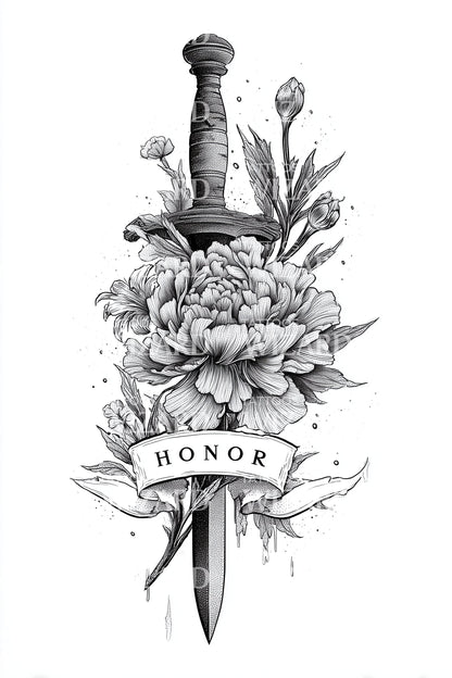 Honor Dagger Bouquet Tattoo Design