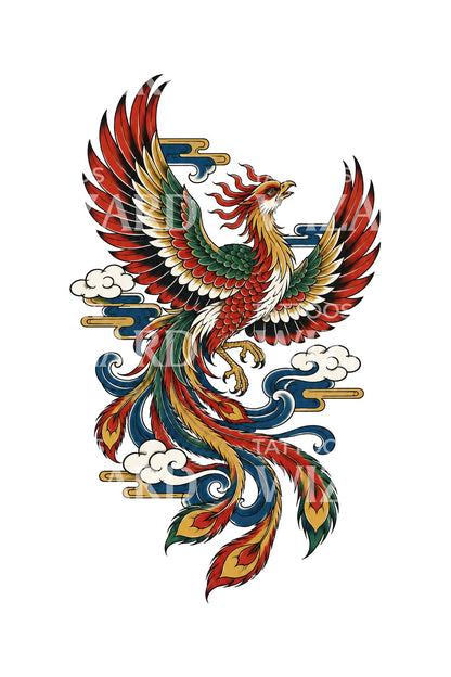 Hoo Phoenix Among Cloud Bars Tattoo Illustration