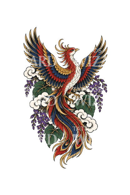 Tattoo-Illustration eines Hoo-Phönix mit Paulownie und Glyzinien
