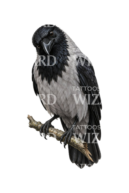 Hooded Crow with Tilted Head Realism Tattoo Design