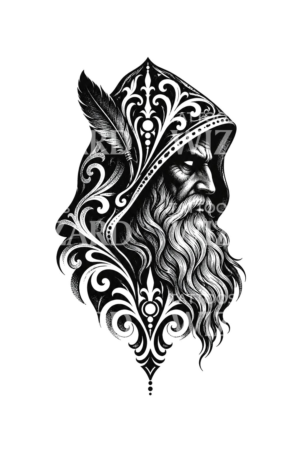 Hooded Odin Profile with Raven Feather Tattoo Design