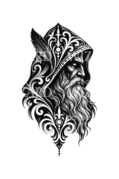 Hooded Odin Profile with Raven Feather Tattoo Design