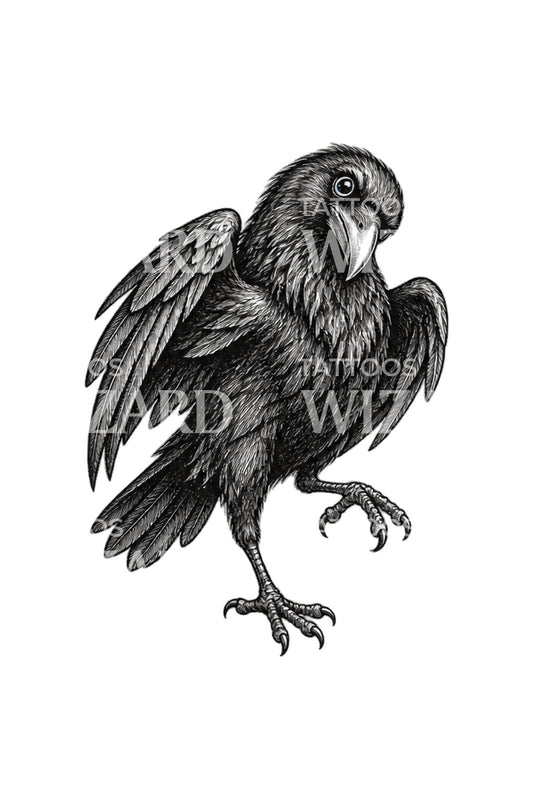 Hopping Raven Lifted Claw Ink Tattoo Design