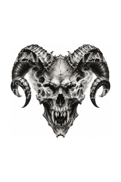 Cráneo de carnero demoníaco con cuernos y humo, diseño de tatuaje