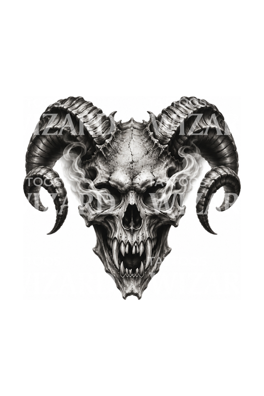 Desain Tato Tengkorak Domba Iblis Bertanduk dengan Asap