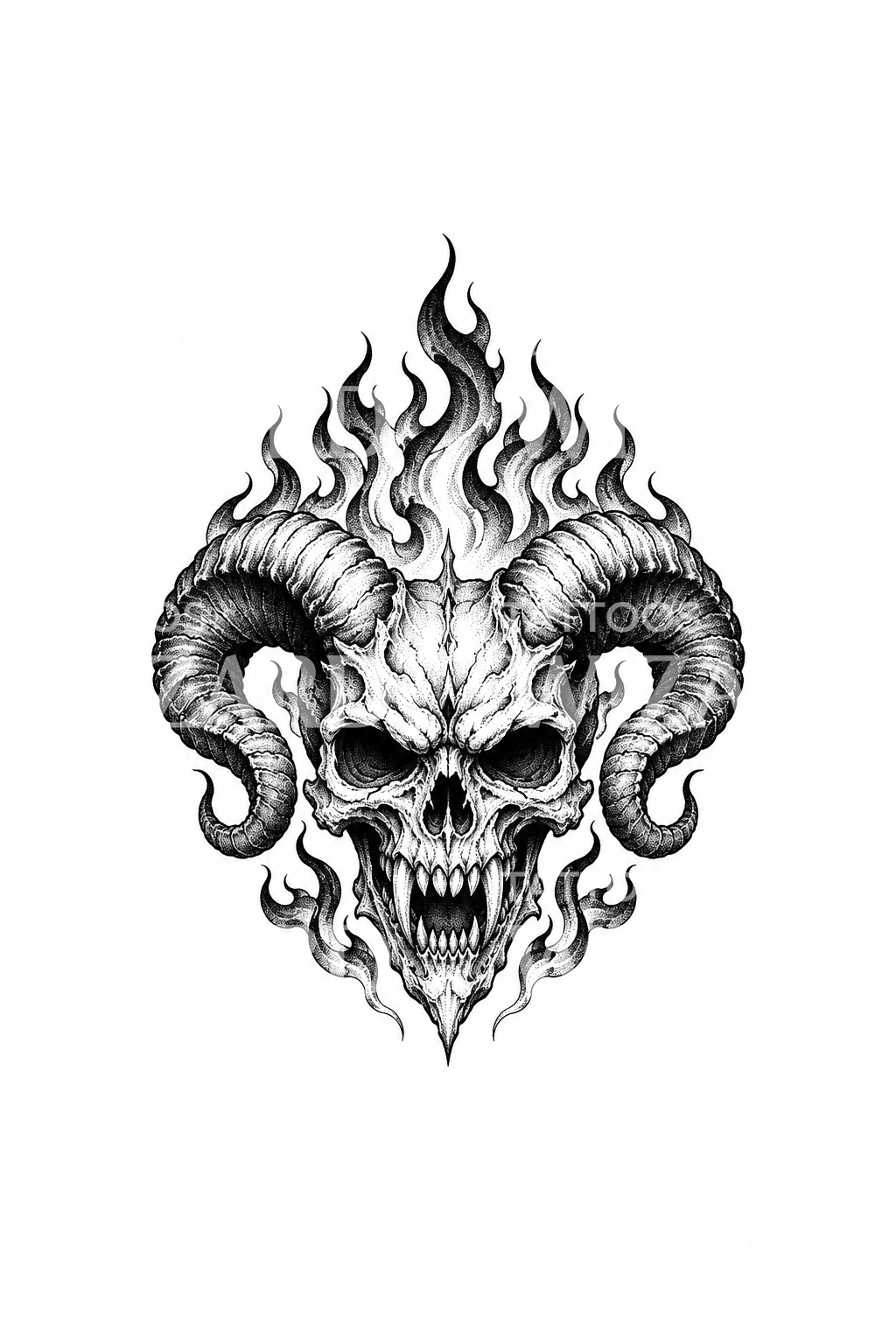 Hornet demonskalle med flammer, dotwork-tatoveringsdesign