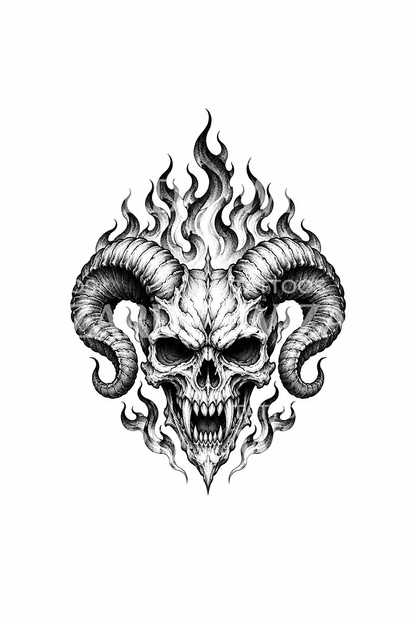 Hornet demonskalle med flammer, dotwork-tatoveringsdesign