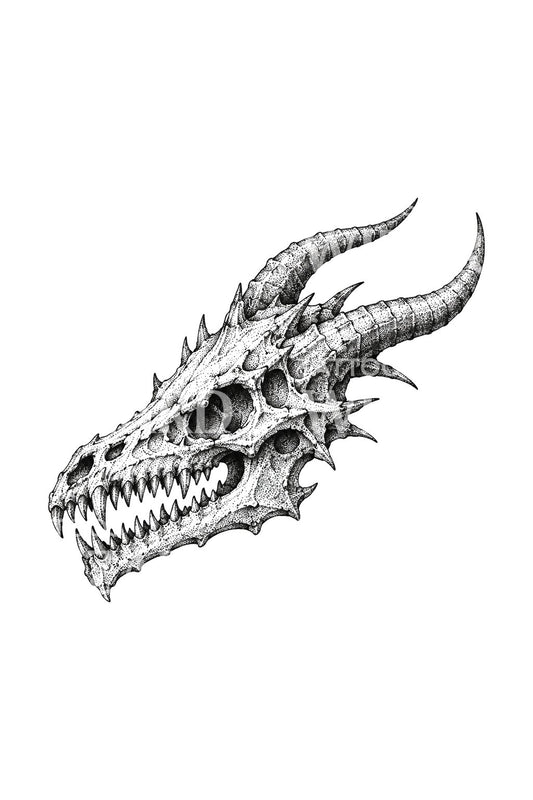 Tatuaż dotwork z rogata skamieniałą czaszką smoka