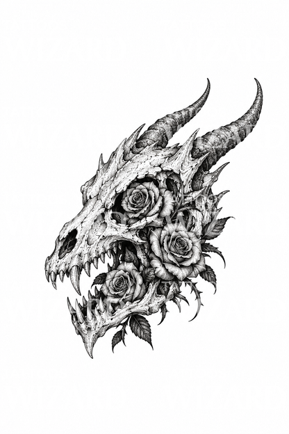 Szarvakkal díszített sárkánykoponya rózsákkal, dotwork tetoválásötlet