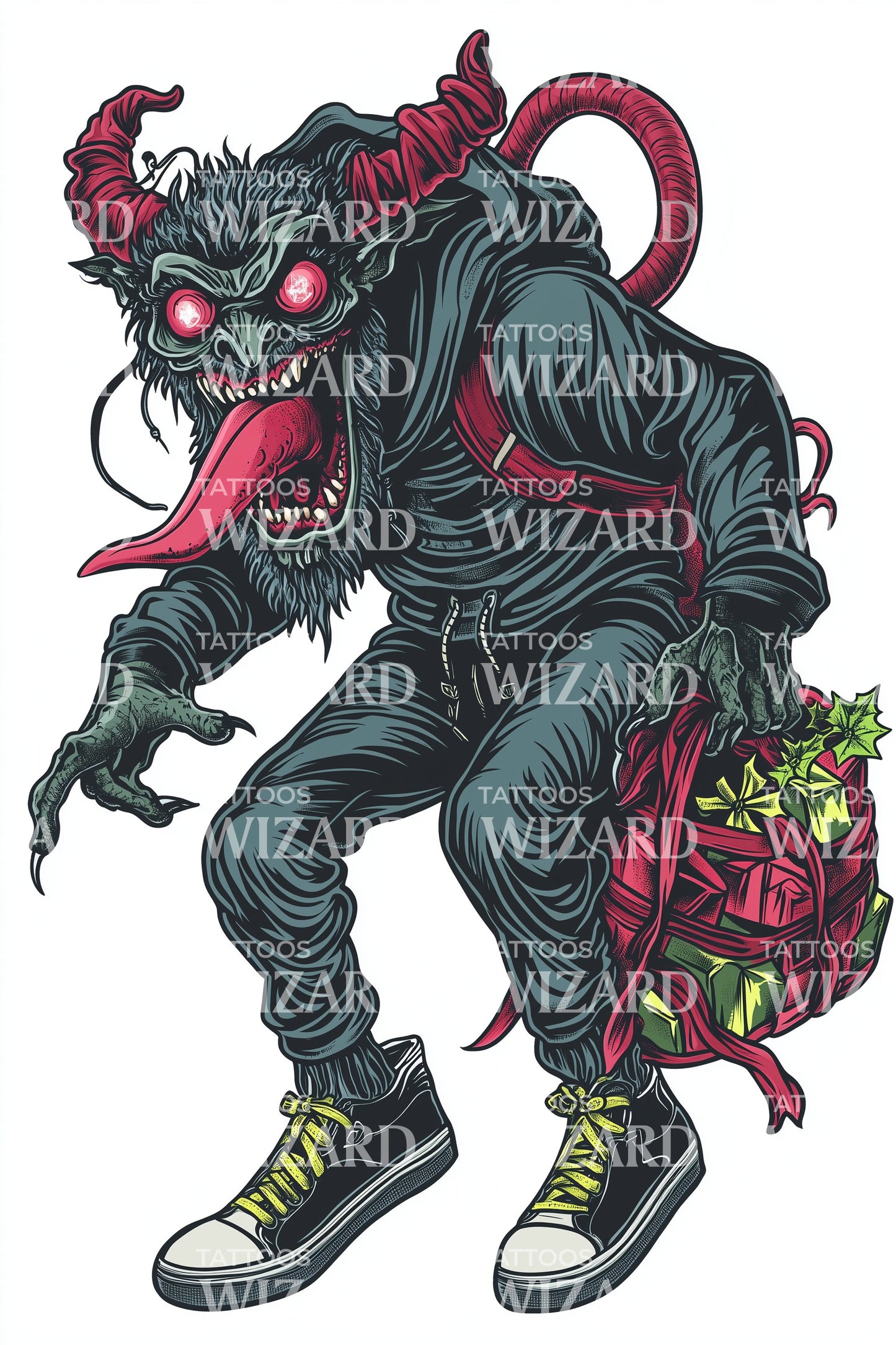 Horned Krampus Demon Tattoo Illustration