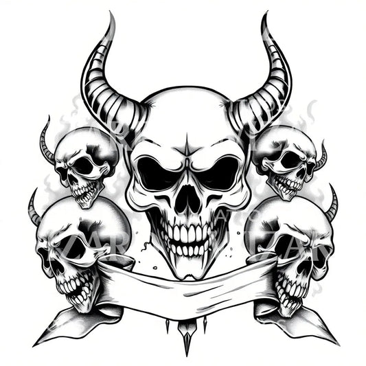 Horned Skull Banner Tattoo Design
