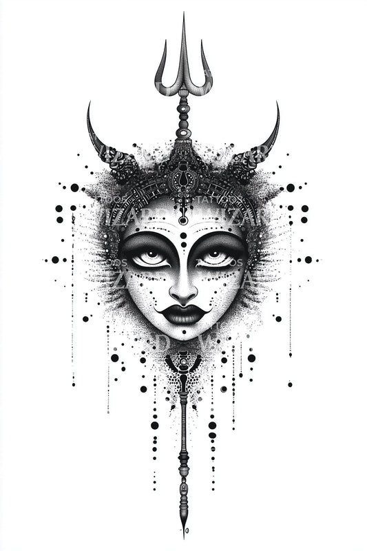 Horned Trident Mask Tattoo Design