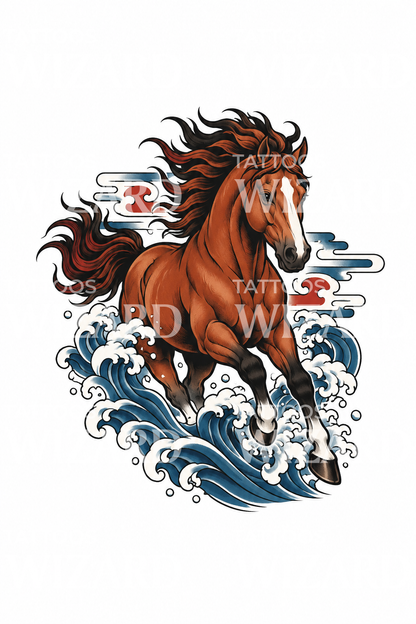 Japans tattoo-idee van een paard dat door de golven galoppeert