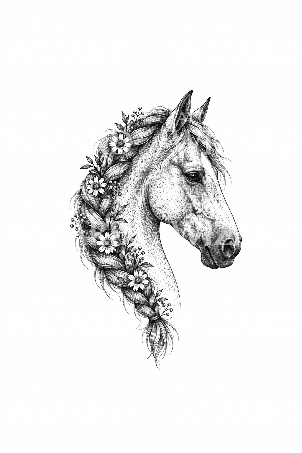 Голова лошади с цветами в заплетённой гриве, тату в стиле dotwork