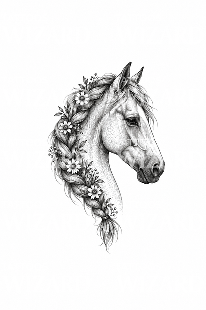 Голова лошади с цветами в заплетённой гриве, тату в стиле dotwork