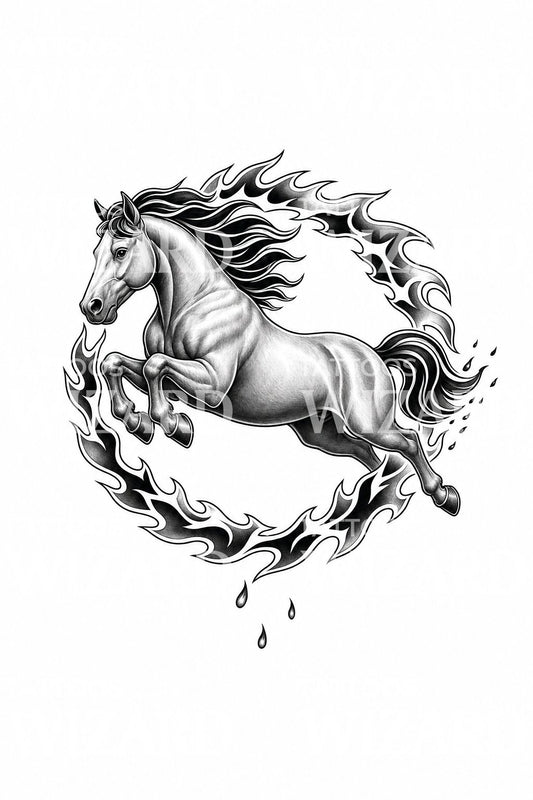 Diseño de tatuaje de caballo saltando a través de un aro de fuego