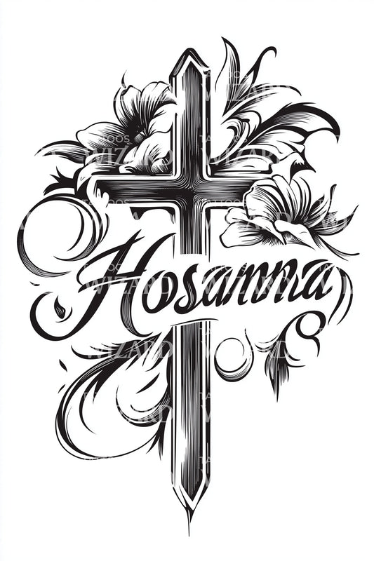 Ilustração de Tatuagem de Cruz com Letra Hosana