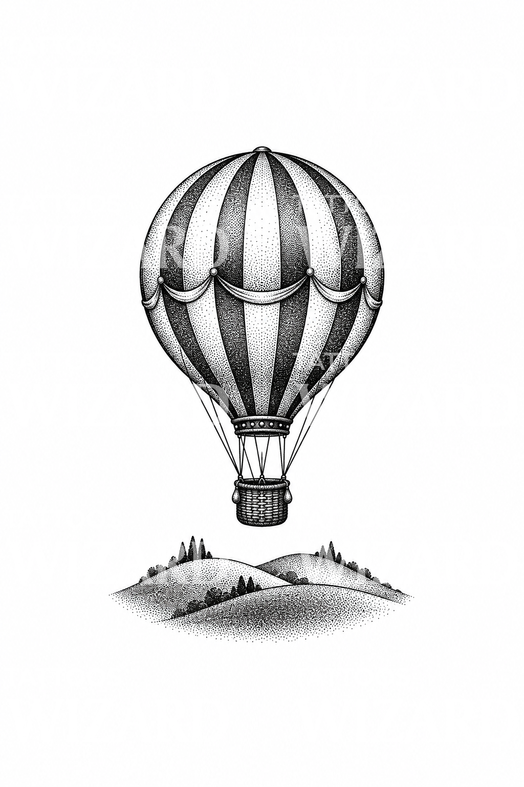 Dotwork-Tattoo Heißluftballon über sanften Hügeln