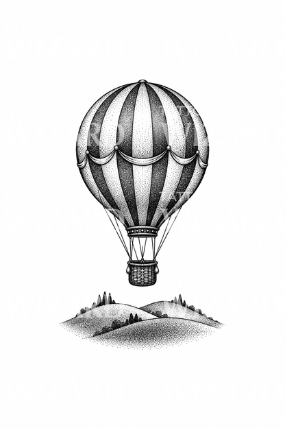 Dotwork-Tattoo Heißluftballon über sanften Hügeln