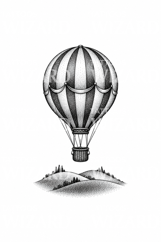 Tato dotwork balon udara di atas perbukitan bergelombang