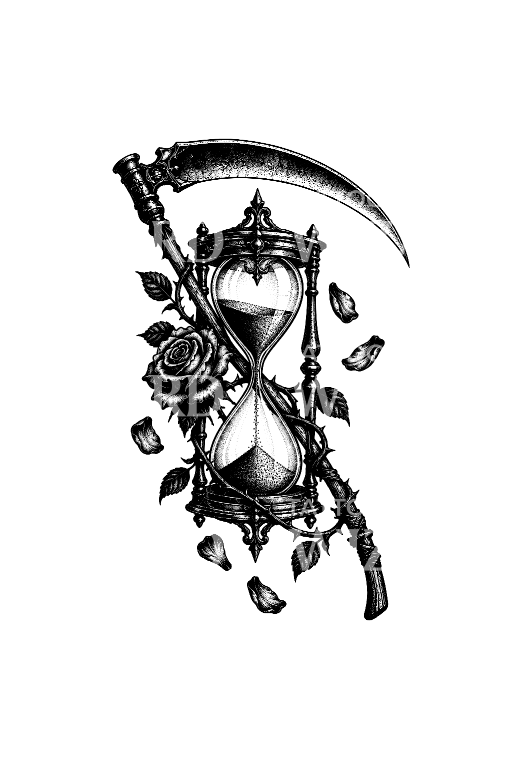 Dotwork-tatuering av timglas och lie med fallande kronblad